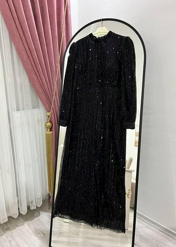 Siyah Taşlı Uzun Kollu Abiye Elbise - Görsel 2