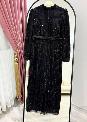 Siyah Taşlı Uzun Kollu Abiye Elbise - Görsel 4