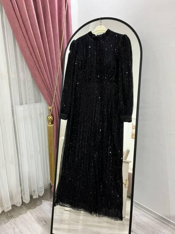 Siyah Taşlı Uzun Kollu Abiye Elbise - Görsel 2