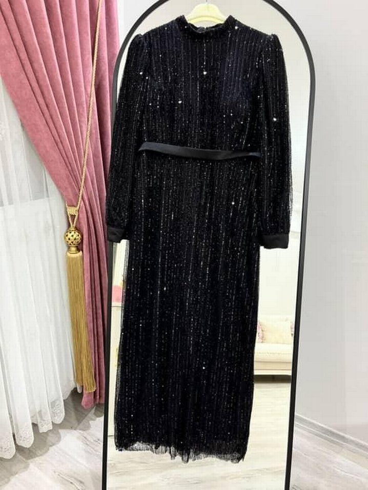 Siyah Taşlı Uzun Kollu Abiye Elbise - Görsel 4