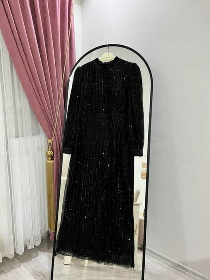 Siyah Taşlı Uzun Kollu Abiye Elbise - Görsel 3