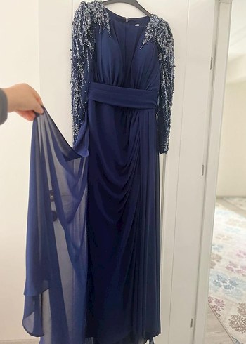 Uzun Kollu İşlemeli Kenzel Lacivert Tesettür Abiye - Görsel 7