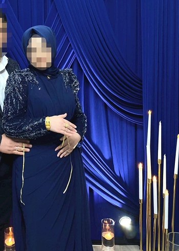 Uzun Kollu İşlemeli Kenzel Lacivert Tesettür Abiye - Görsel 6