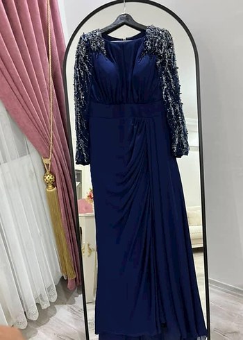 Uzun Kollu İşlemeli Kenzel Lacivert Tesettür Abiye - Görsel 5