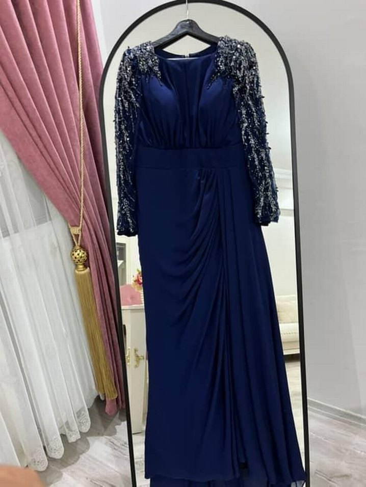 Uzun Kollu İşlemeli Kenzel Lacivert Tesettür Abiye - Görsel 5