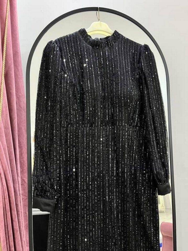 Uzun Siyah taşlı Kadın Abiye Elbise - Görsel 2