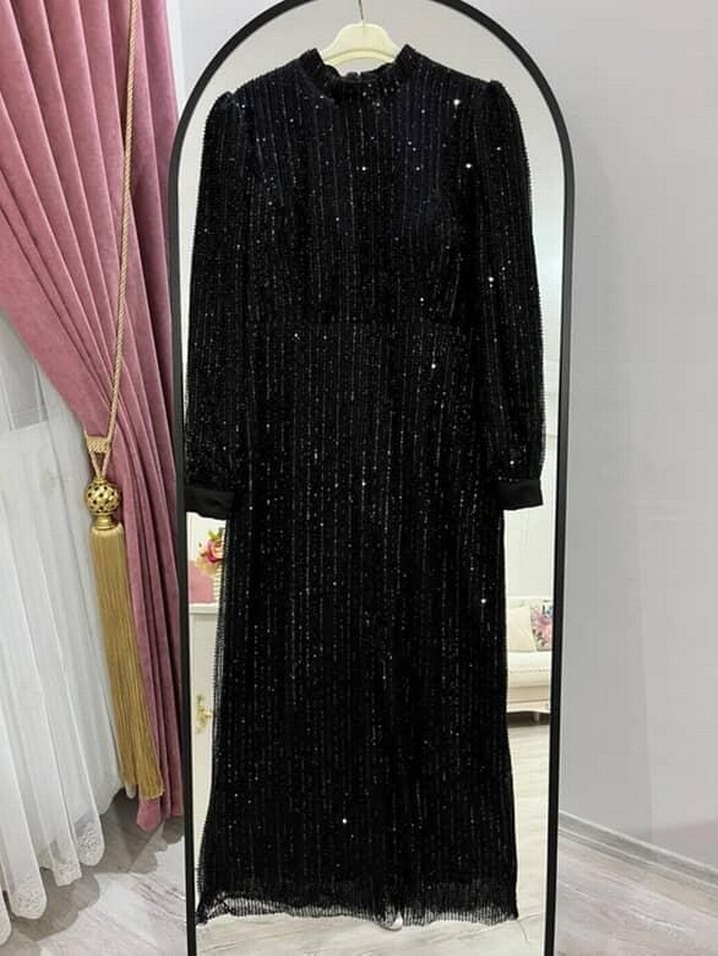 Uzun Siyah taşlı Kadın Abiye Elbise - Görsel 3