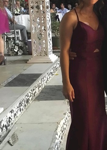 Bordo Uzun V Yakalı Kadın Abiye Elbise - Görsel 3