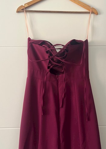 Bordo Uzun V Yakalı Kadın Abiye Elbise - Görsel 2