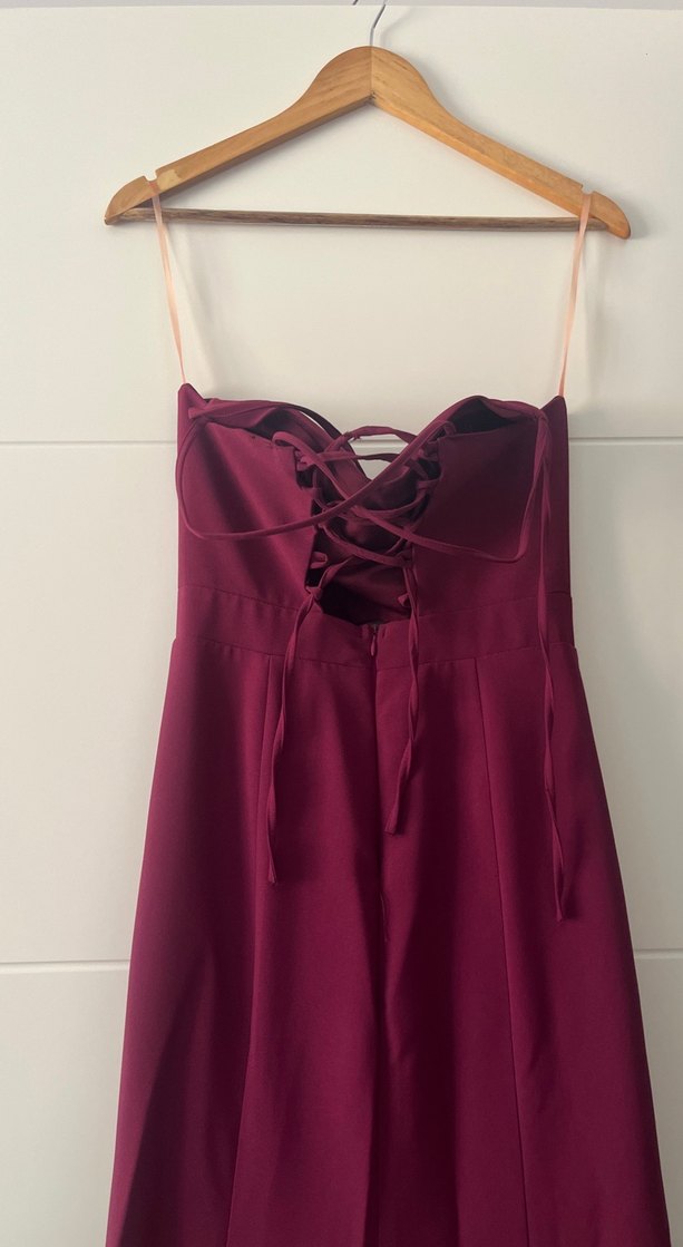 Bordo Uzun V Yakalı Kadın Abiye Elbise - Görsel 2