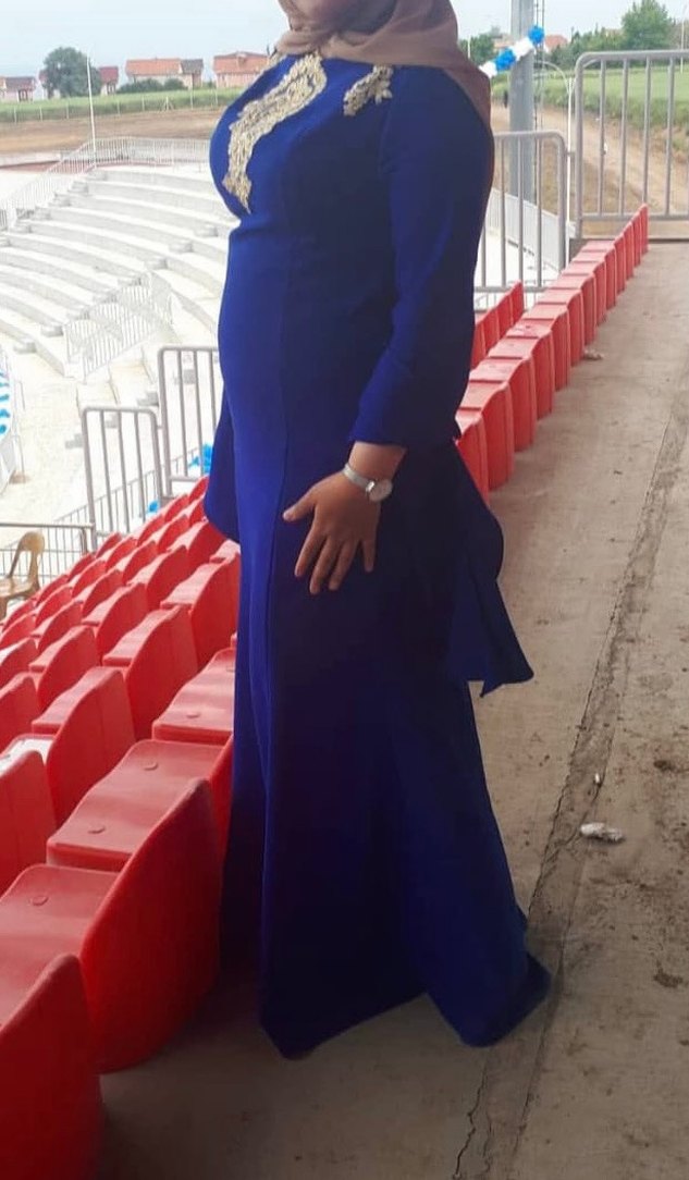 Uzun Kollu Drapeli Mavi Abiye Elbise - Görsel 2