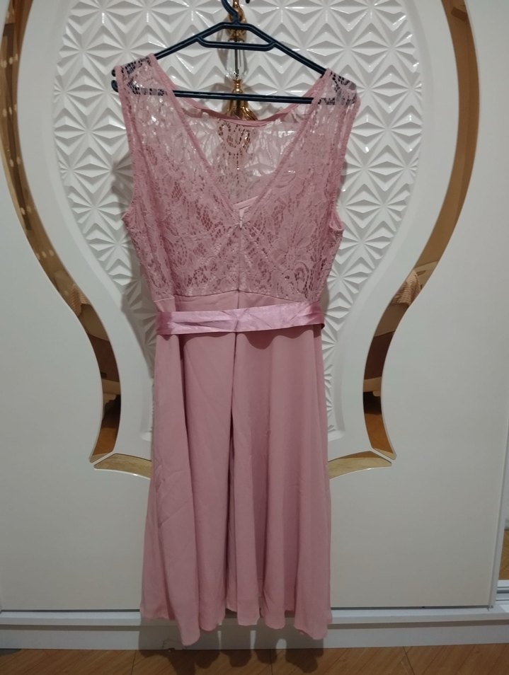 Pembe Dantel Midi Elbise - Görsel 5