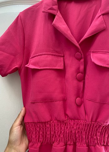 Düğmeli Pembe Kadın Tulum - Görsel 4