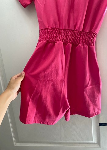 Düğmeli Pembe Kadın Tulum - Görsel 6