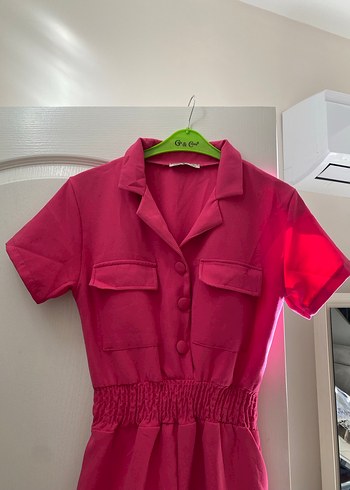 Düğmeli Pembe Kadın Tulum - Görsel 2