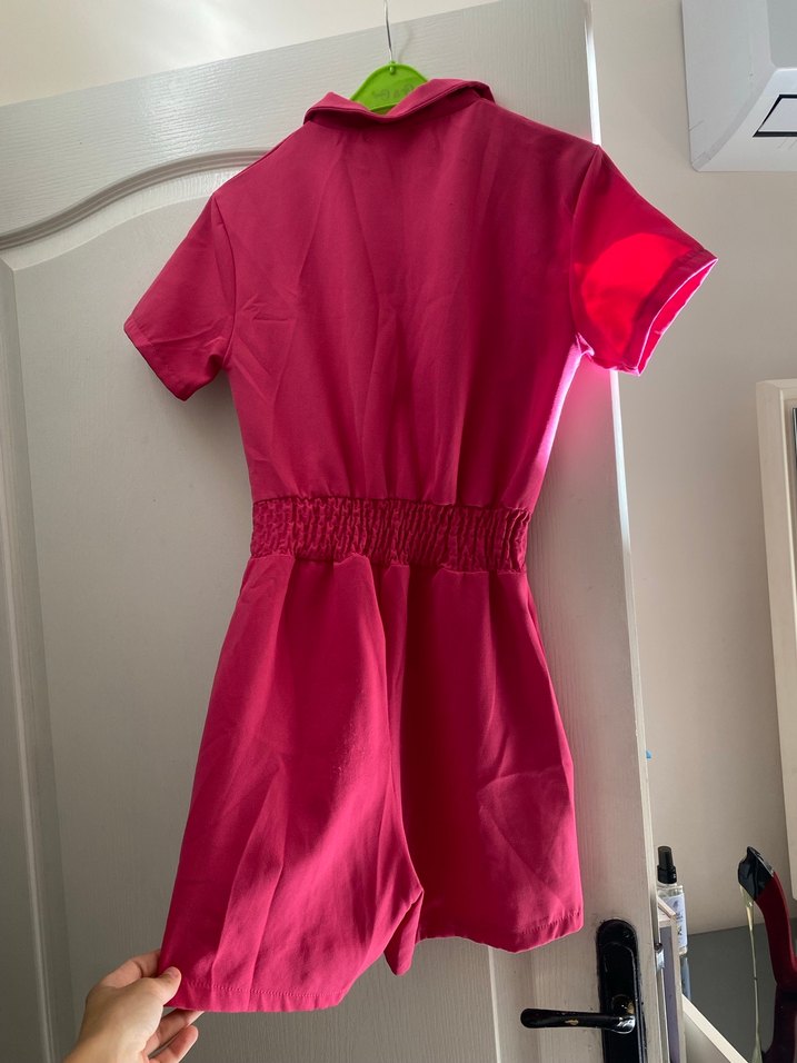 Düğmeli Pembe Kadın Tulum - Görsel 5