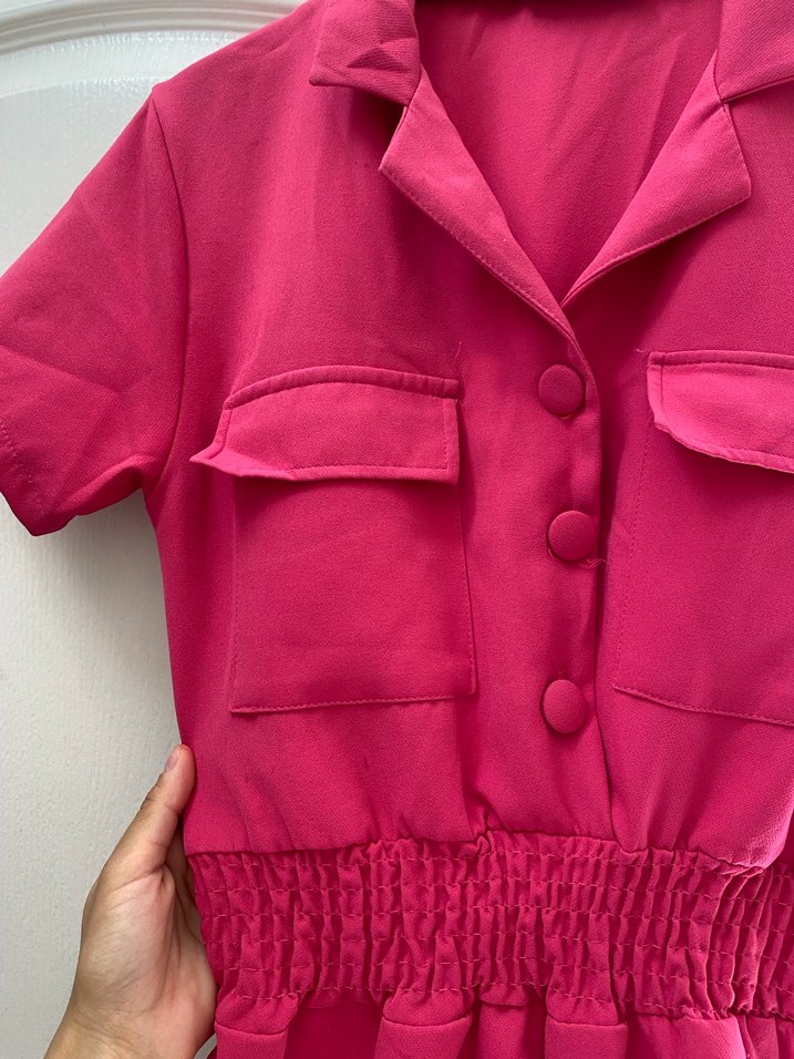 Düğmeli Pembe Kadın Tulum - Görsel 4