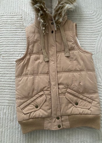 Kürklü Kapüşonlu Bej Yelek - Görsel 2