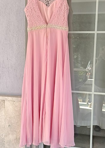 Pudra Dantel Detaylı Uzun Nişan Elbisesi - Görsel 4