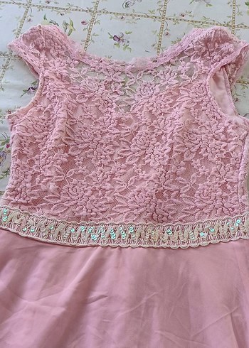 Pudra Dantel Detaylı Uzun Nişan Elbisesi - Görsel 2