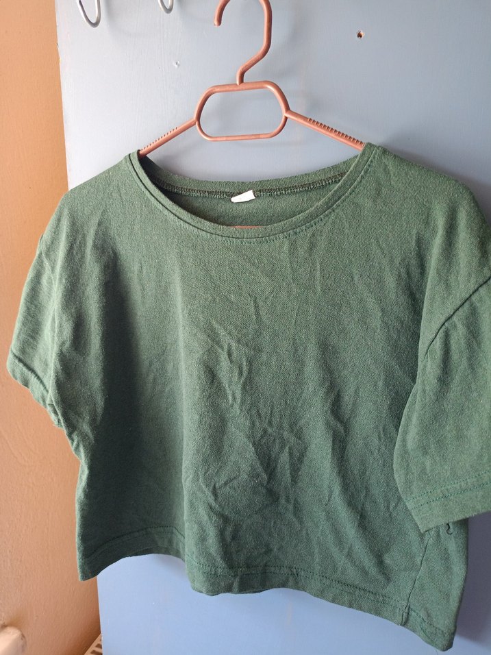 Koyu Yeşil Kısa Kollu Crop Tişört - Görsel 3