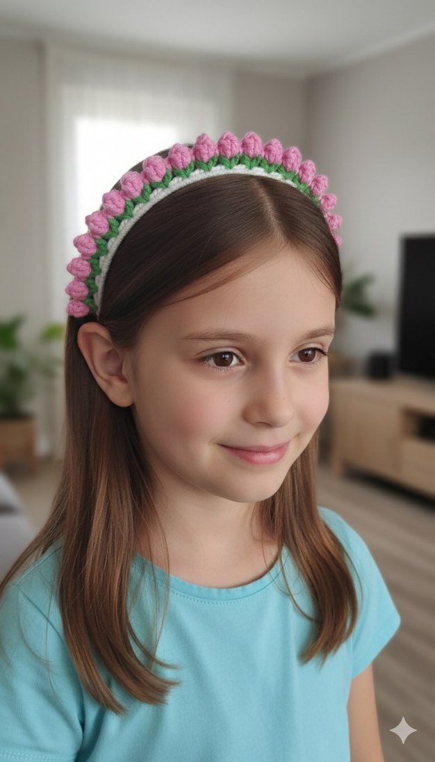 Pembe Lale Çiçekli Bohem Saç Bandı - Görsel 3