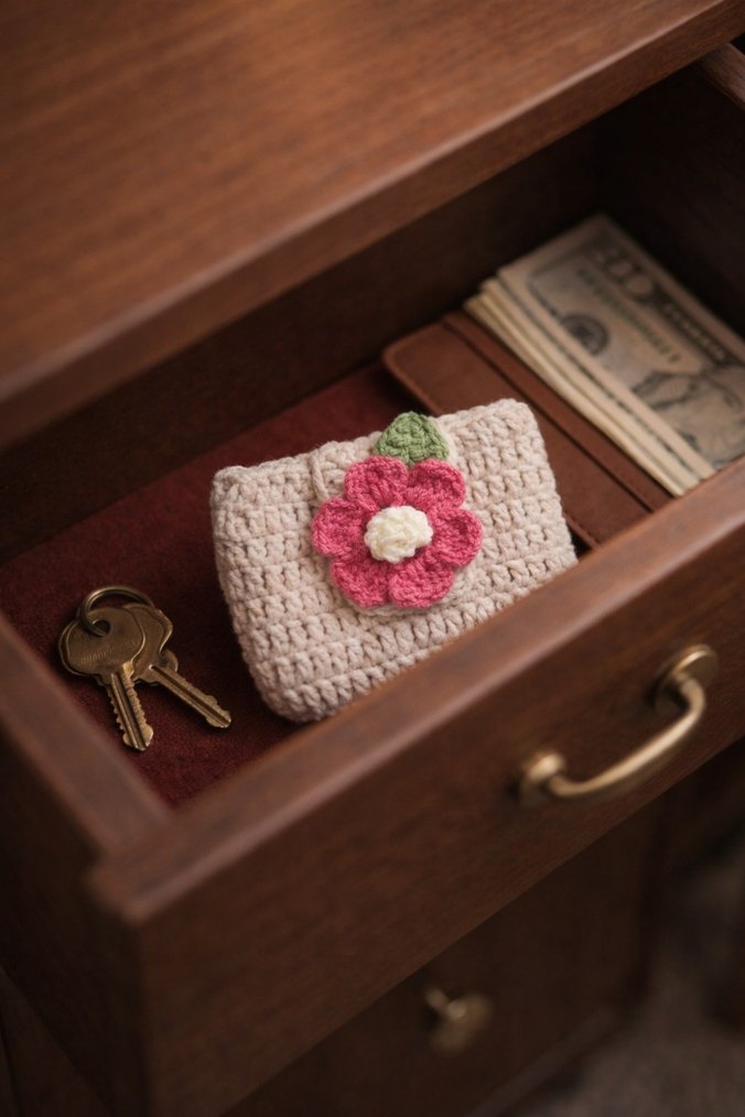 Çiçek Desenli Çıtçıtlı Örgü Kadın Cüzdanı - Görsel 3