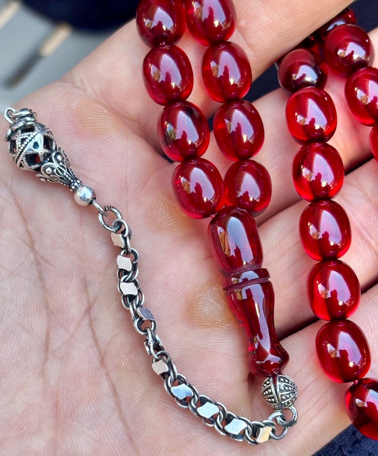 925 Ayar Gümüş Püsküllü Eskinin Eskisi Ateş Kehribar Tesbih - Görsel 4