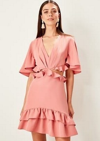 Gül kurusu Volanlı Mini V Yaka Elbise - Görsel 2