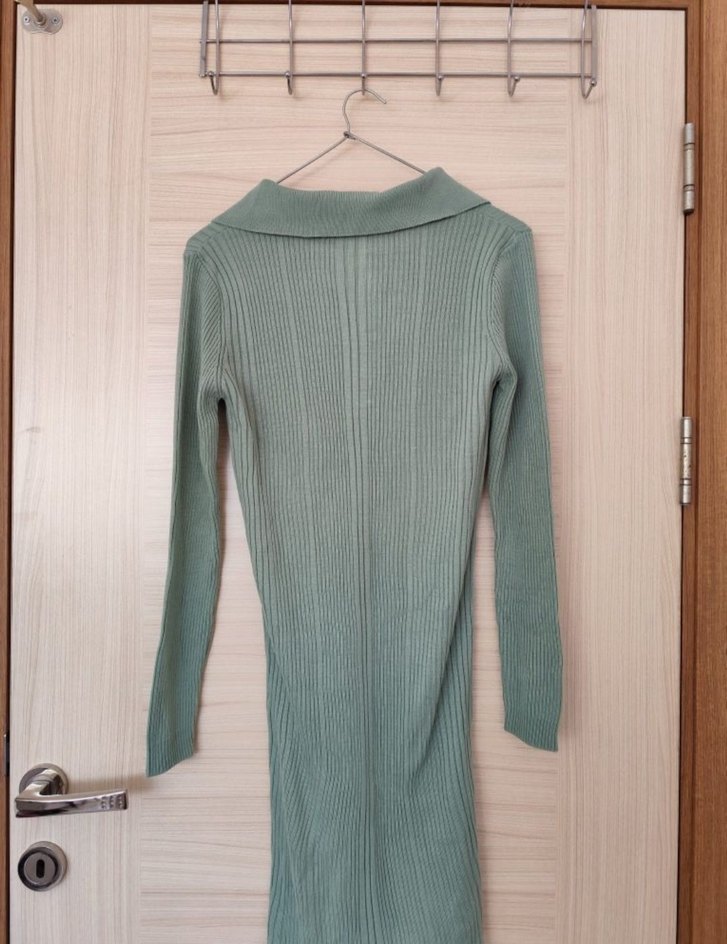 Düğmeli Turkuaz Triko Kadın Uzun Kollu Elbise - Görsel 2