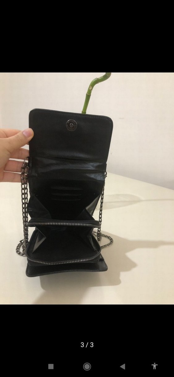 Zincir Detaylı Siyah  Deri Çapraz Çanta - Görsel 2