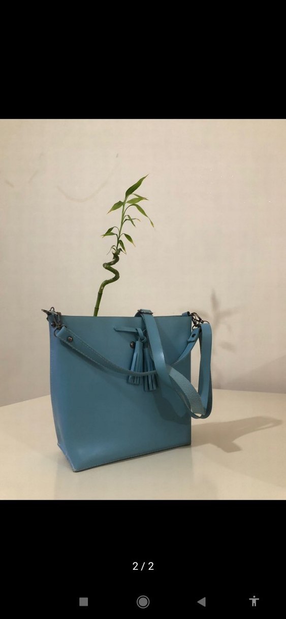 Mavi Deri Püsküllü Minimalist Kadın Çanta - Görsel 2
