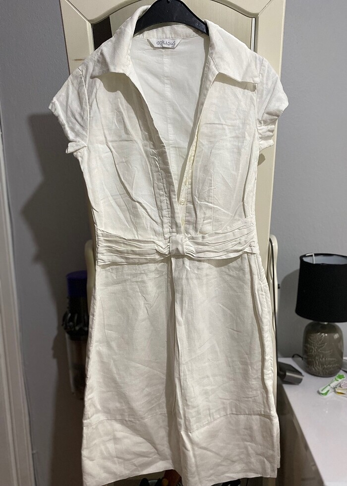 Beyaz keten düz altı elbise - Görsel 2