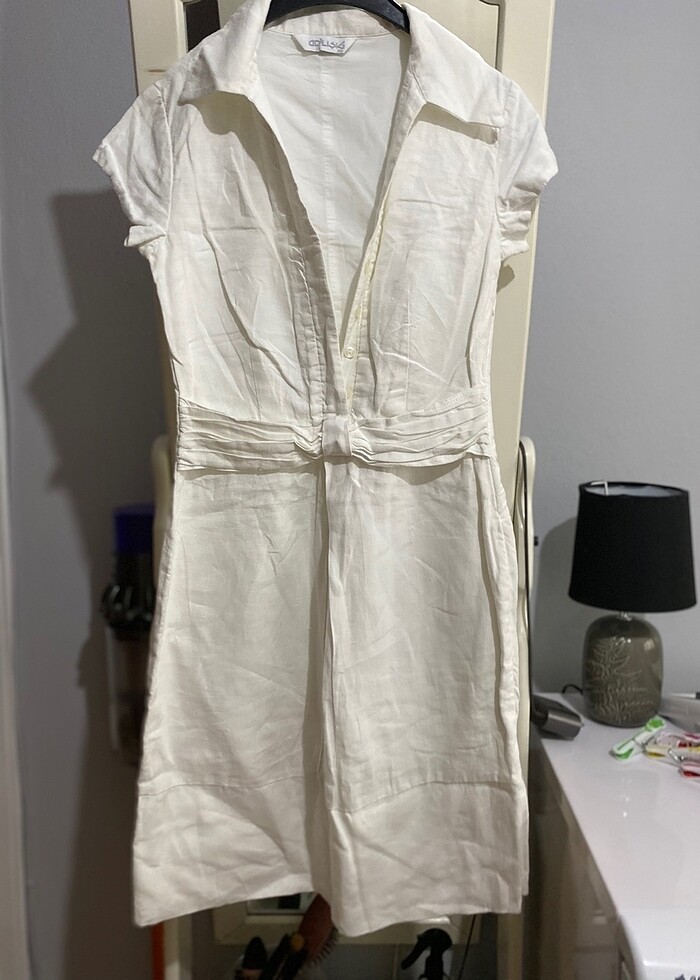 Beyaz keten düz altı elbise - Görsel 4