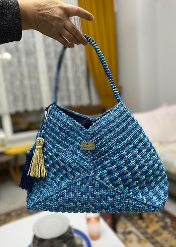 Bohem Tarzı Mavi Örgü Kadın Çanta - Görsel 4