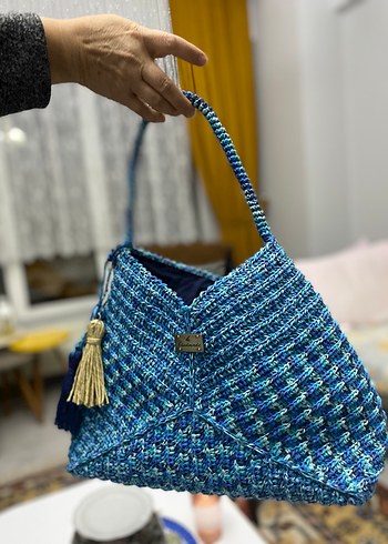 Bohem Tarzı Mavi Örgü Kadın Çanta - Görsel 3