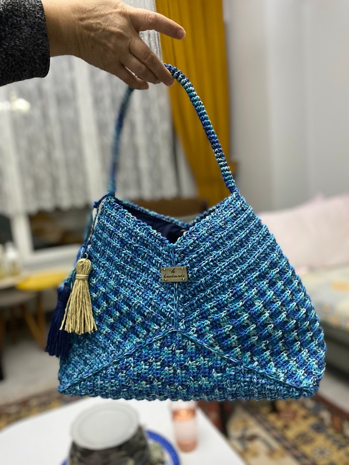 Bohem Tarzı Mavi Örgü Kadın Çanta - Görsel 4