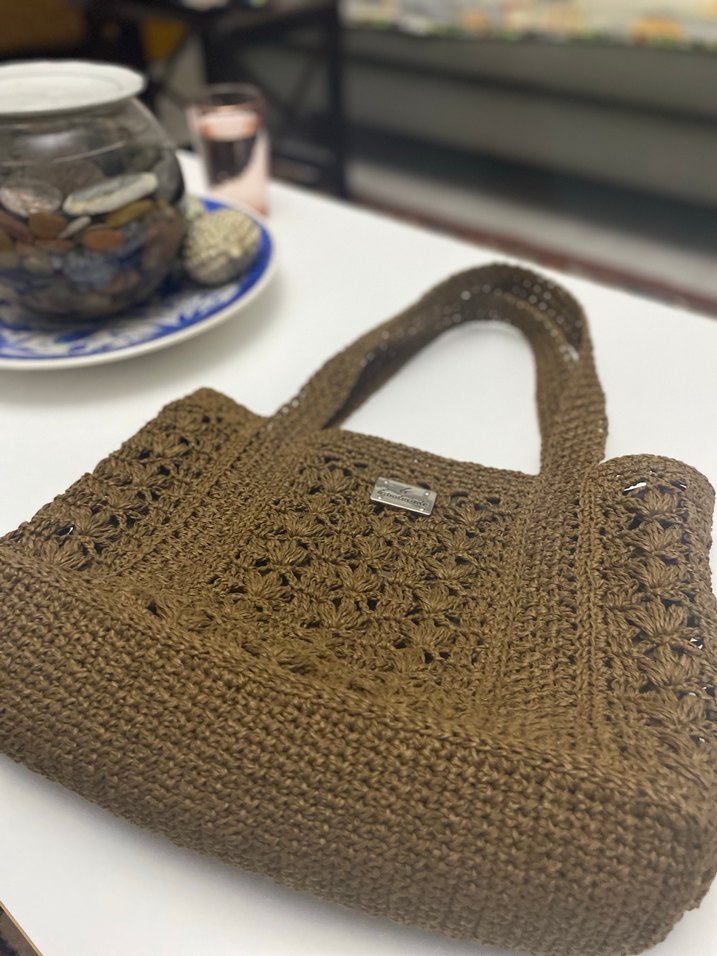 Dantel Detaylı Kahverengi Örgü Kadın Çanta El işçilikli - Görsel 2