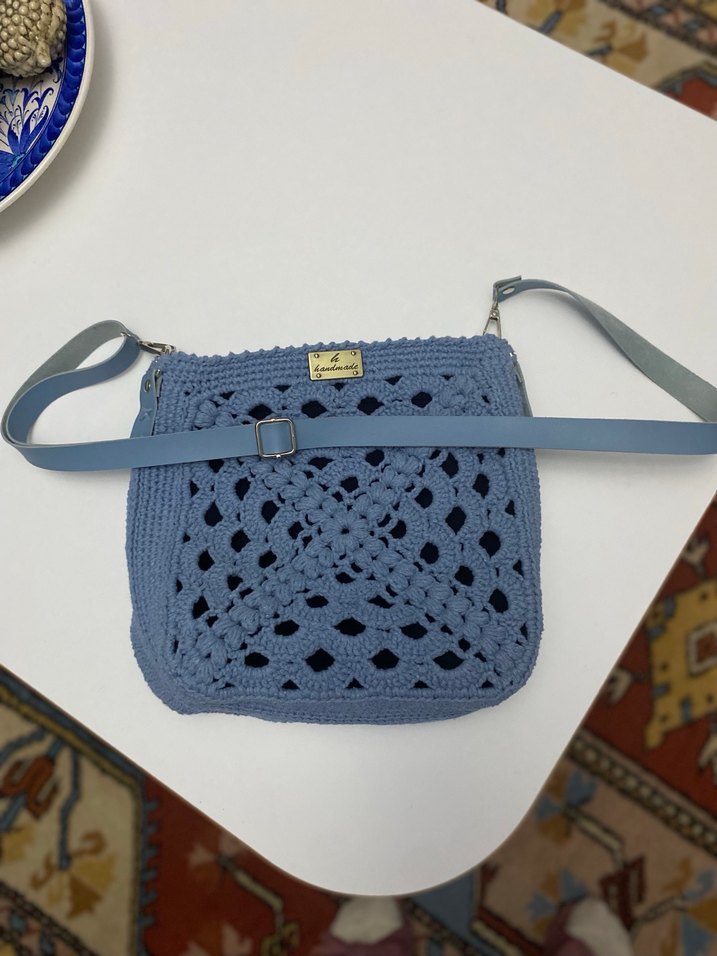 Dantel Detaylı Mavi Örgü Kadın Çanta - Görsel 3