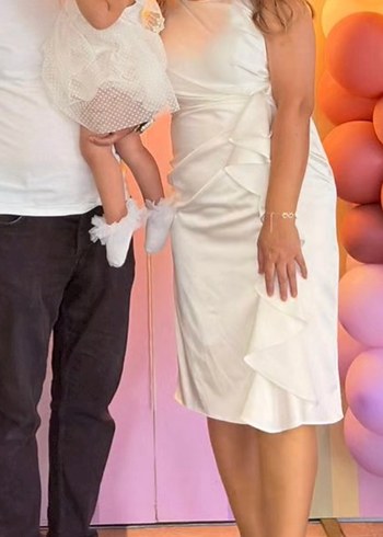 Drapeli Kolsuz Beyaz Mini Elbise - Görsel 2