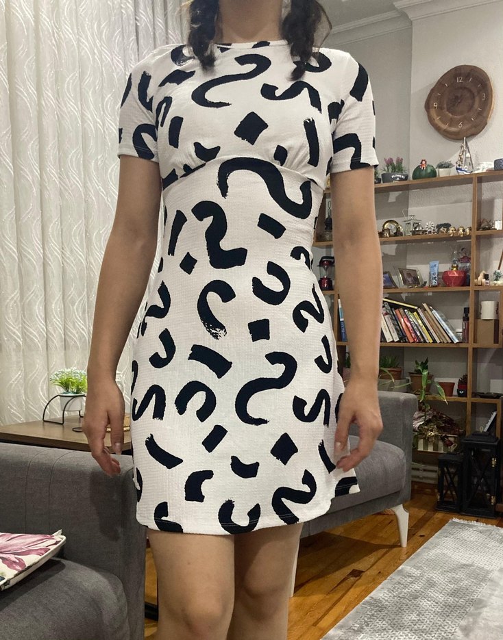 Siyah Beyaz Beli Saran Mini Elbise - Görsel 4