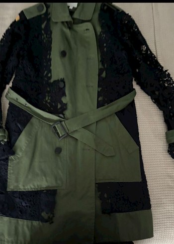 Twist Dantel Detaylı Uzun Yeşil Trench Coat