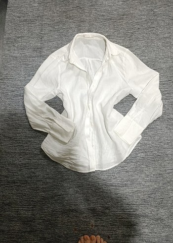 Kadın Beyaz Keten Uzun Kollu Gömlek - Görsel 3