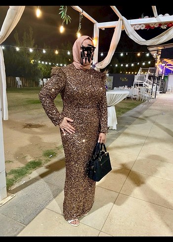 Kahverengi Parlak Uzun Abiye Elbise - Görsel 8