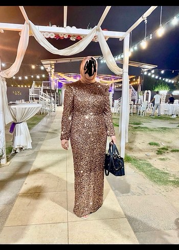 Kahverengi Parlak Uzun Abiye Elbise - Görsel 6