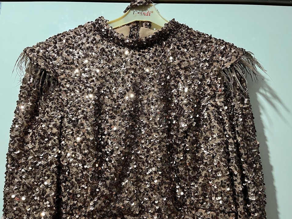 Kahverengi Parlak Uzun Abiye Elbise - Görsel 4