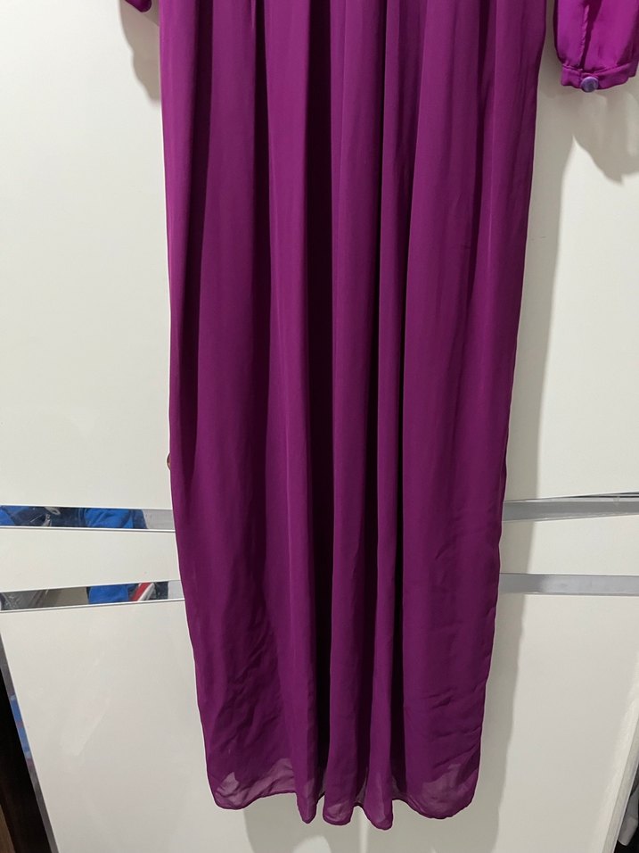 Mor Uzun Kollu Drapeli Uzun Elbise - Görsel 3