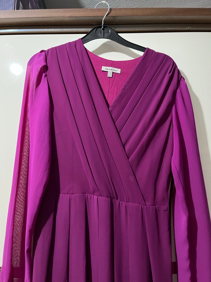 Mor Uzun Kollu Drapeli Uzun Elbise - Görsel 2