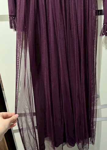 Uzun Kollu Mor Piliseli Abiye Elbise - Görsel 4