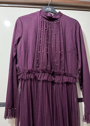 Uzun Kollu Mor Piliseli Abiye Elbise - Görsel 2